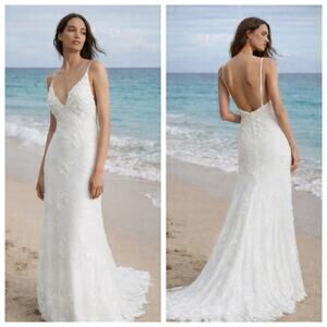 BHLDN Meadow Lace Beaded Wedding Dress Anthropologie Slip Gown Size 8 NWT